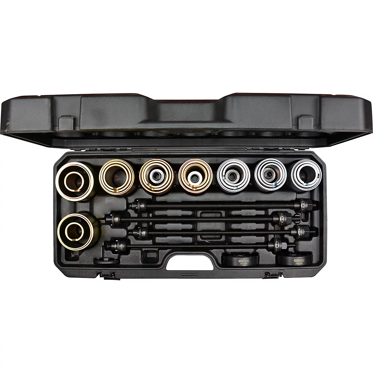 Ein Werkzeugkoffer, der eine Auswahl an verschiedenen Werkzeugen zur Reparatur von Fahrzeugen enthält.